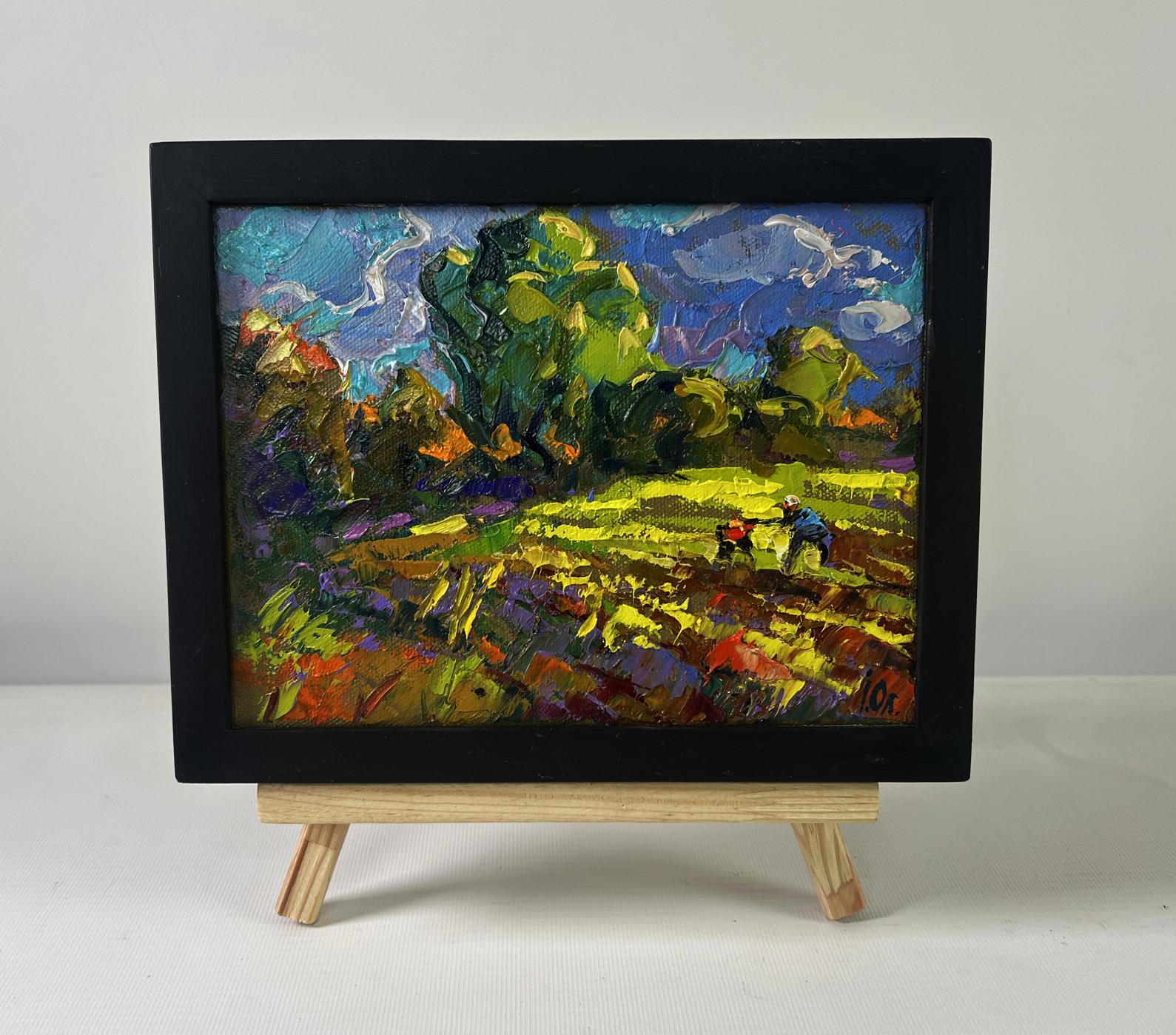 Vibrant Oleksiy Ivanyuk oil painting of lush green garden fields under swirling blue sky in black frame