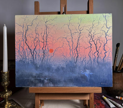 Oil painting Evening on a Misty Lake by Tatyana Derdey, twilight forest scene