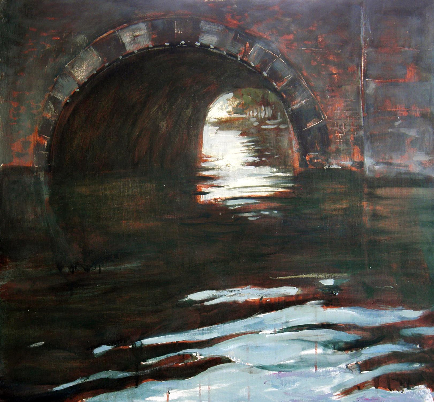 Oil painting Under the bridge by Ed Potapenkov: dark stone arch over reflective water