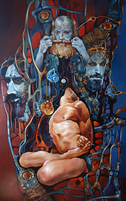 Oil painting Kurukshetra Konsta G. Amelinn: surreal multi-faced nude figure