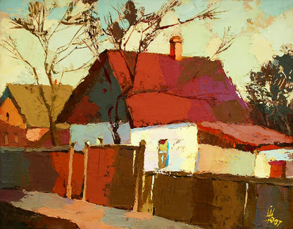 Oil painting Warm March by Egor Shvachunov: rustic house with red roof