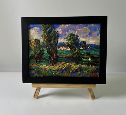 Oil painting Rain is coming to the village by Oksana Ivanyuk, vibrant countryside scene