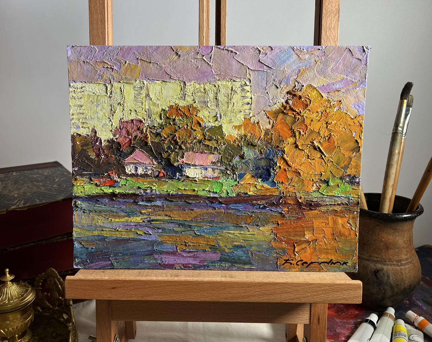 Oil painting Overlooking the city by Boris Serdyuk, impasto autumn landscape