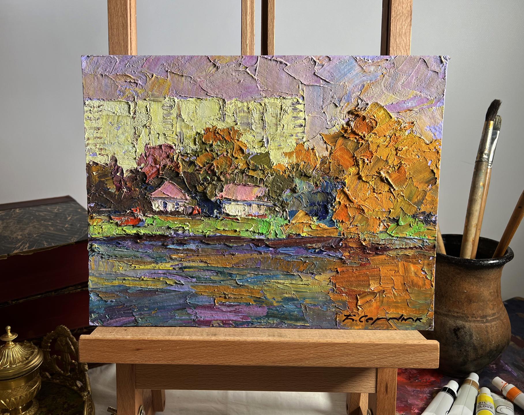 Oil painting Overlooking the city by Boris Serdyuk, impasto autumn landscape