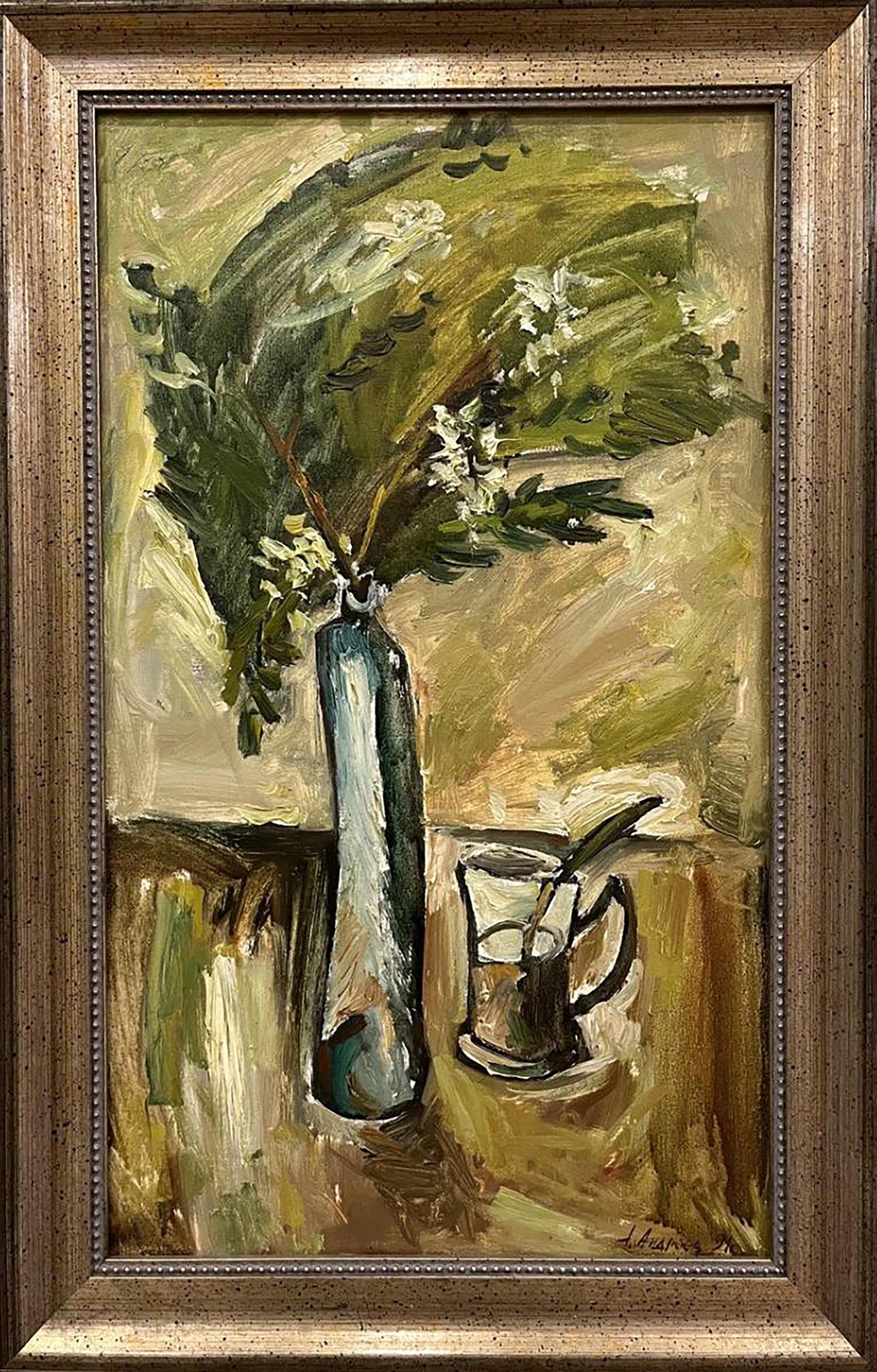 Oil painting of still life with acacia branch, blue vase, green foliage, white flowers by Oleksandr Andreev