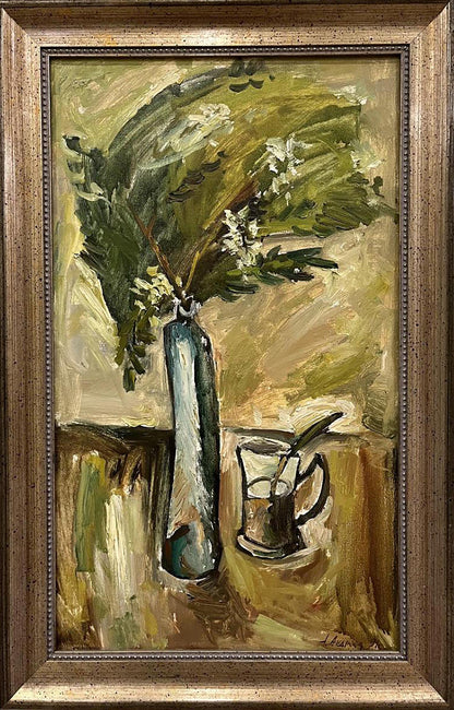 Oil painting of still life with acacia branch, blue vase, green foliage, white flowers by Oleksandr Andreev