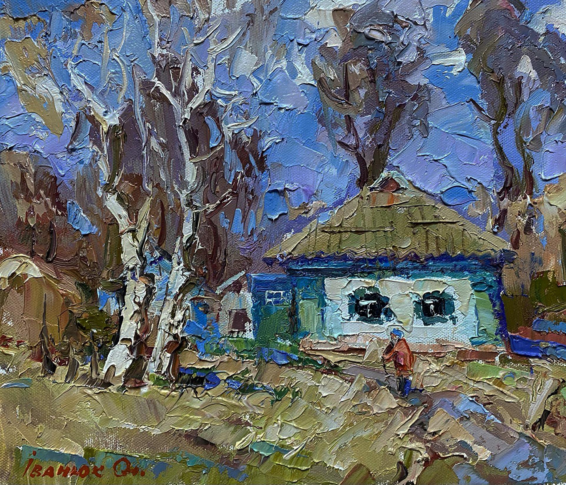 Oil painting of rustic blue house with thatched roof by Oleksiy Ivanyuk