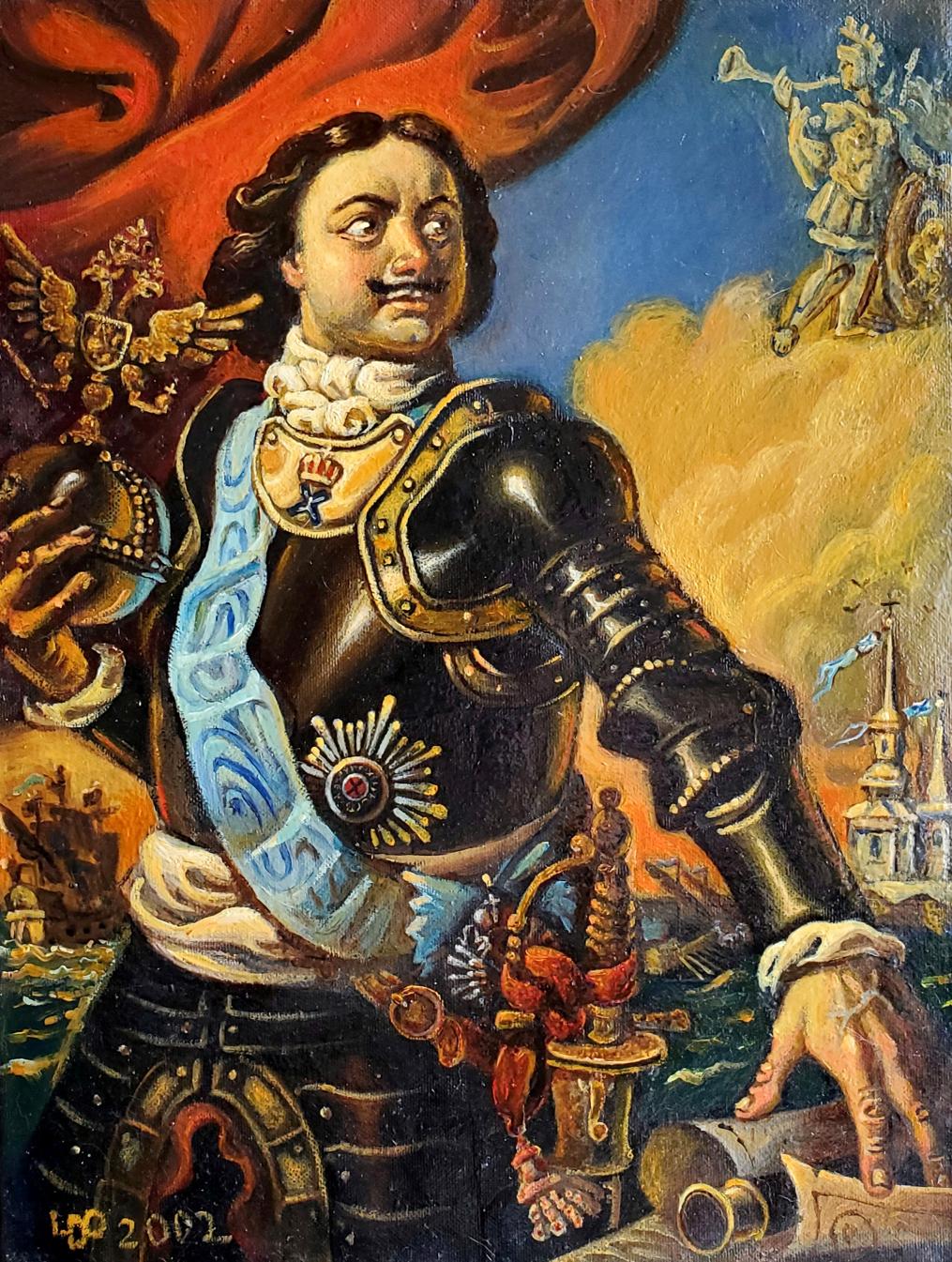 Oil painting portrait of Peter at sea by Daniil Litvinov in ornate black armor