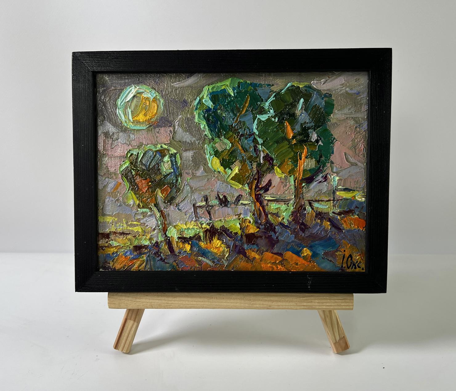 Oil painting Moonlit night by Oksana Ivanyuk with trees under glowing moon