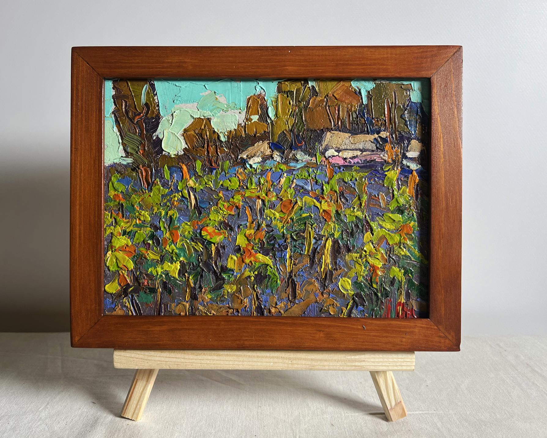 Oil painting Growing grapes in the village by Oleksiy Ivanyuk in wooden frame
