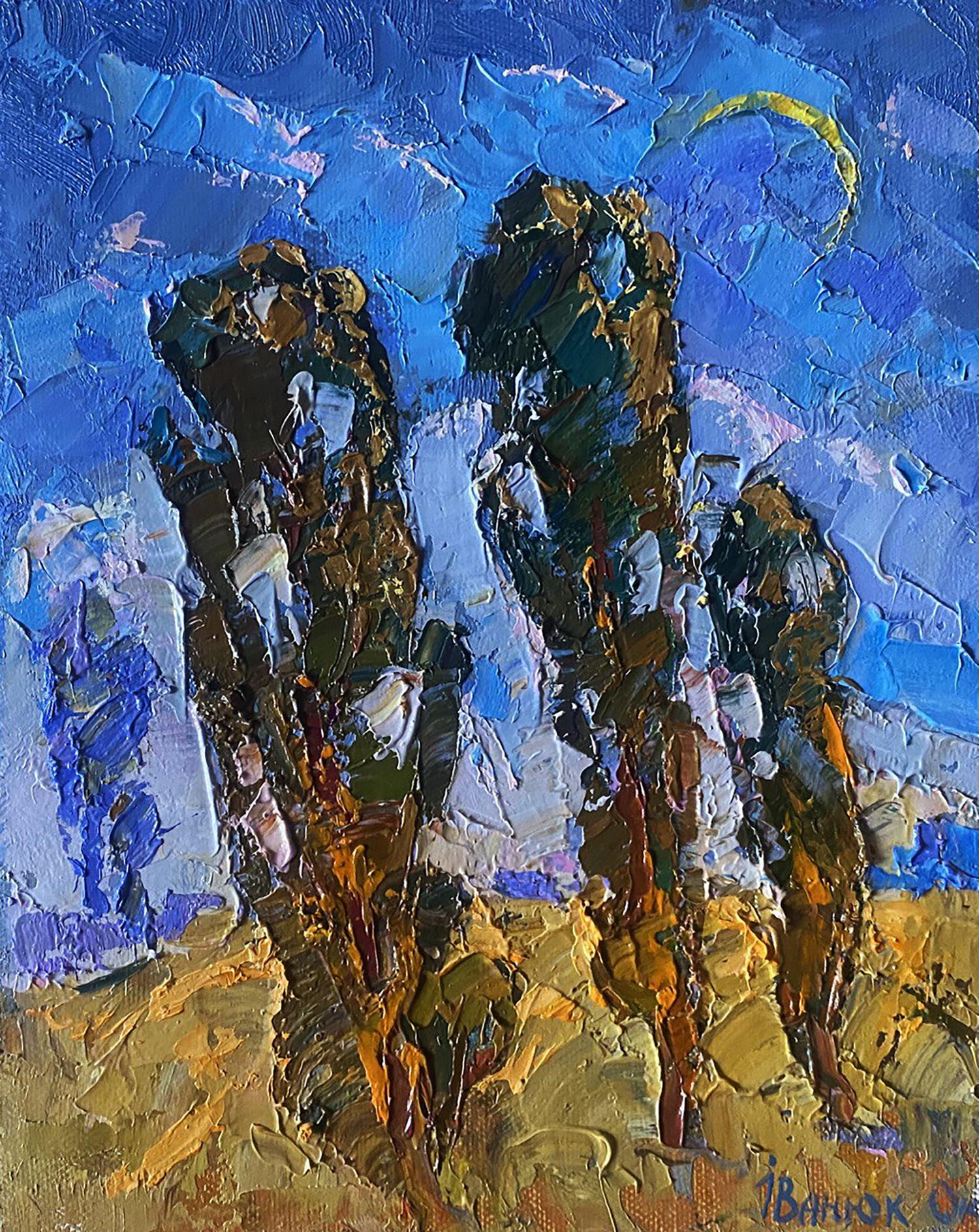 Oil painting On the Road by Oksana Ivanyuk: crescent moon over trees