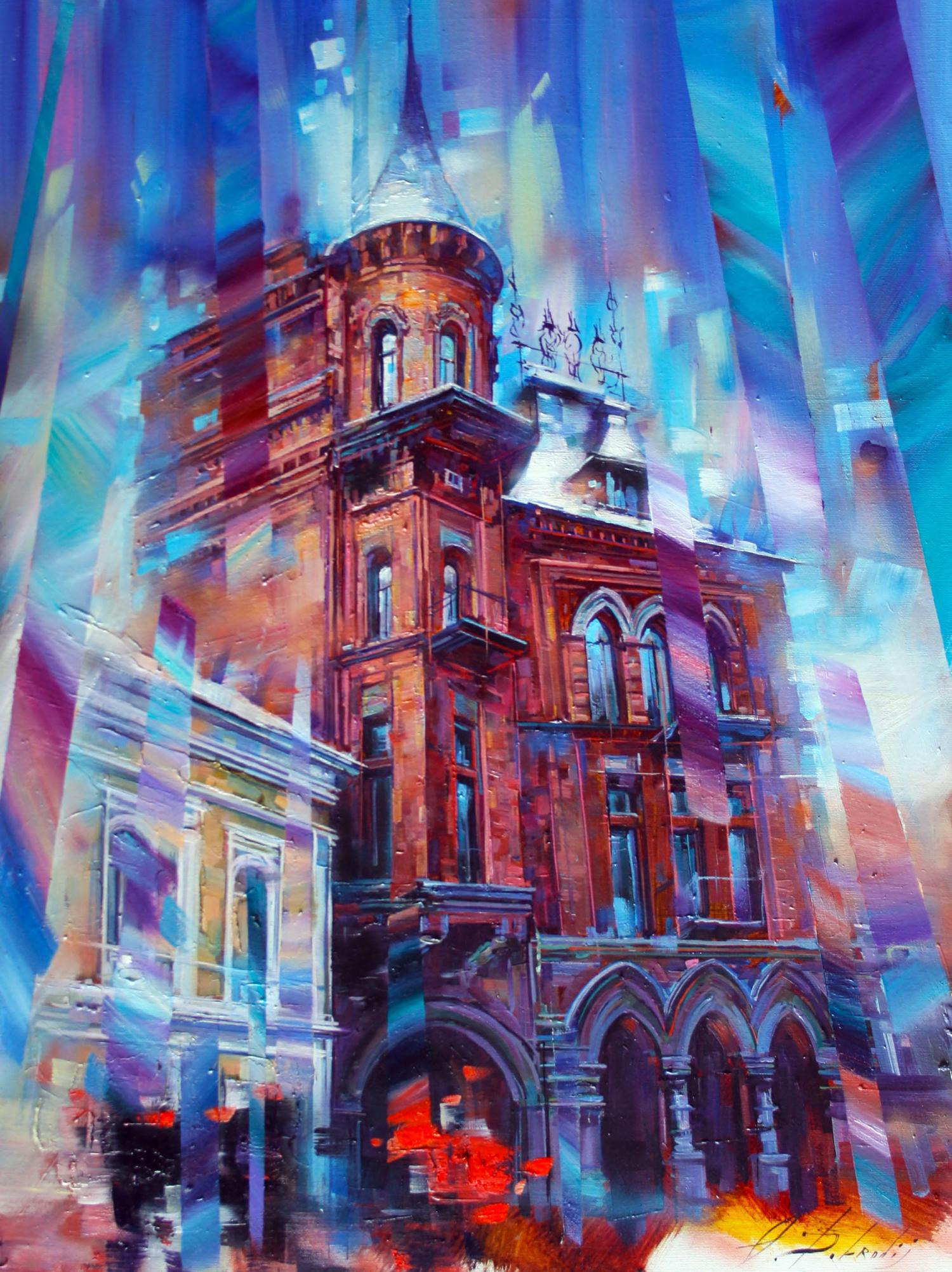 Oil painting of Barons House by Alexander Dobrodiy, vibrant red brick with spire
