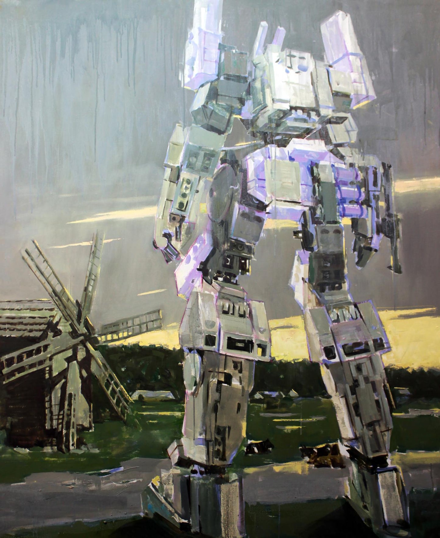 Oil painting Silence by Ed Potapenkov: towering gray purple mech in stormy field