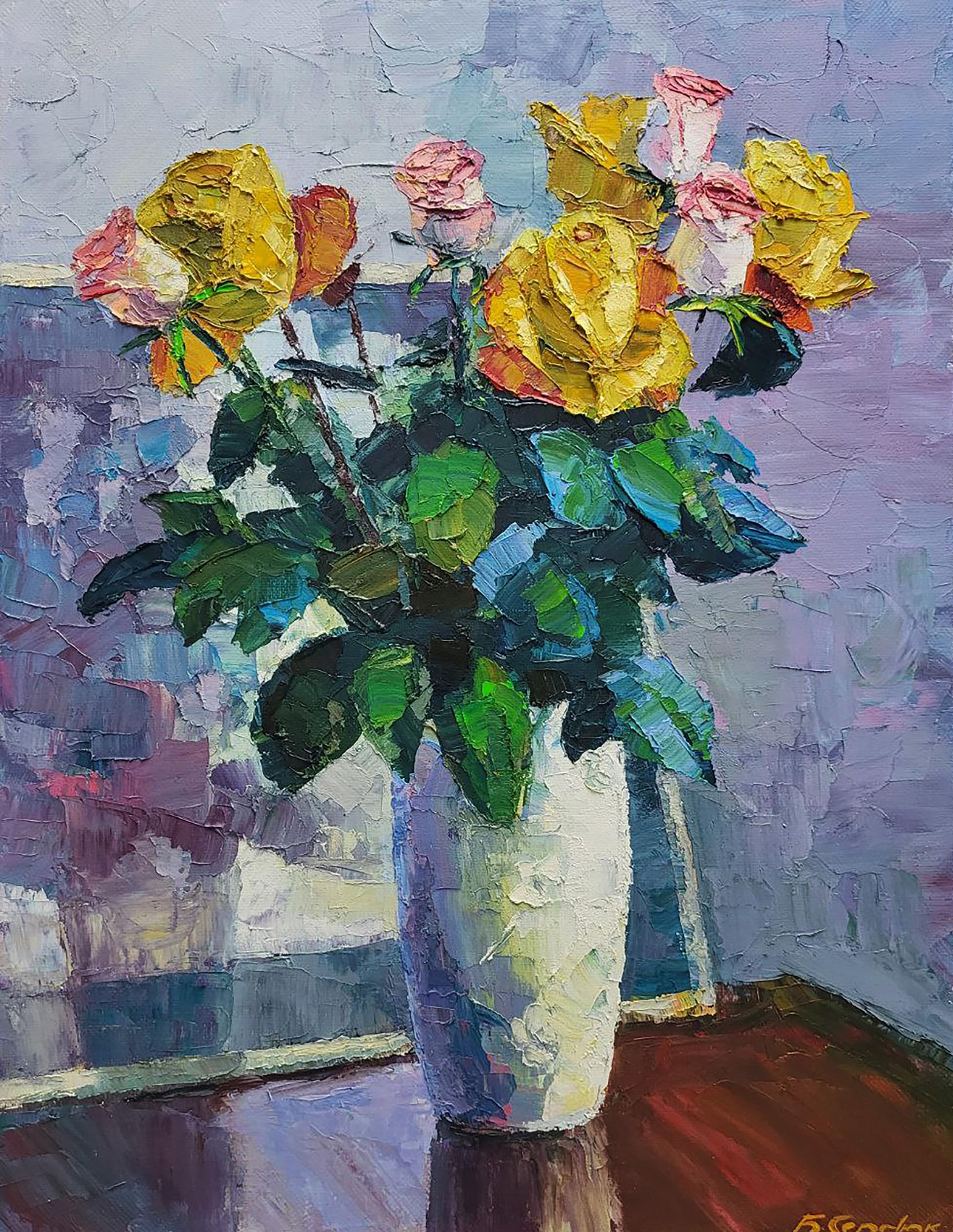 Oil painting of yellow and pink roses in white vase by Boris Serdyuk