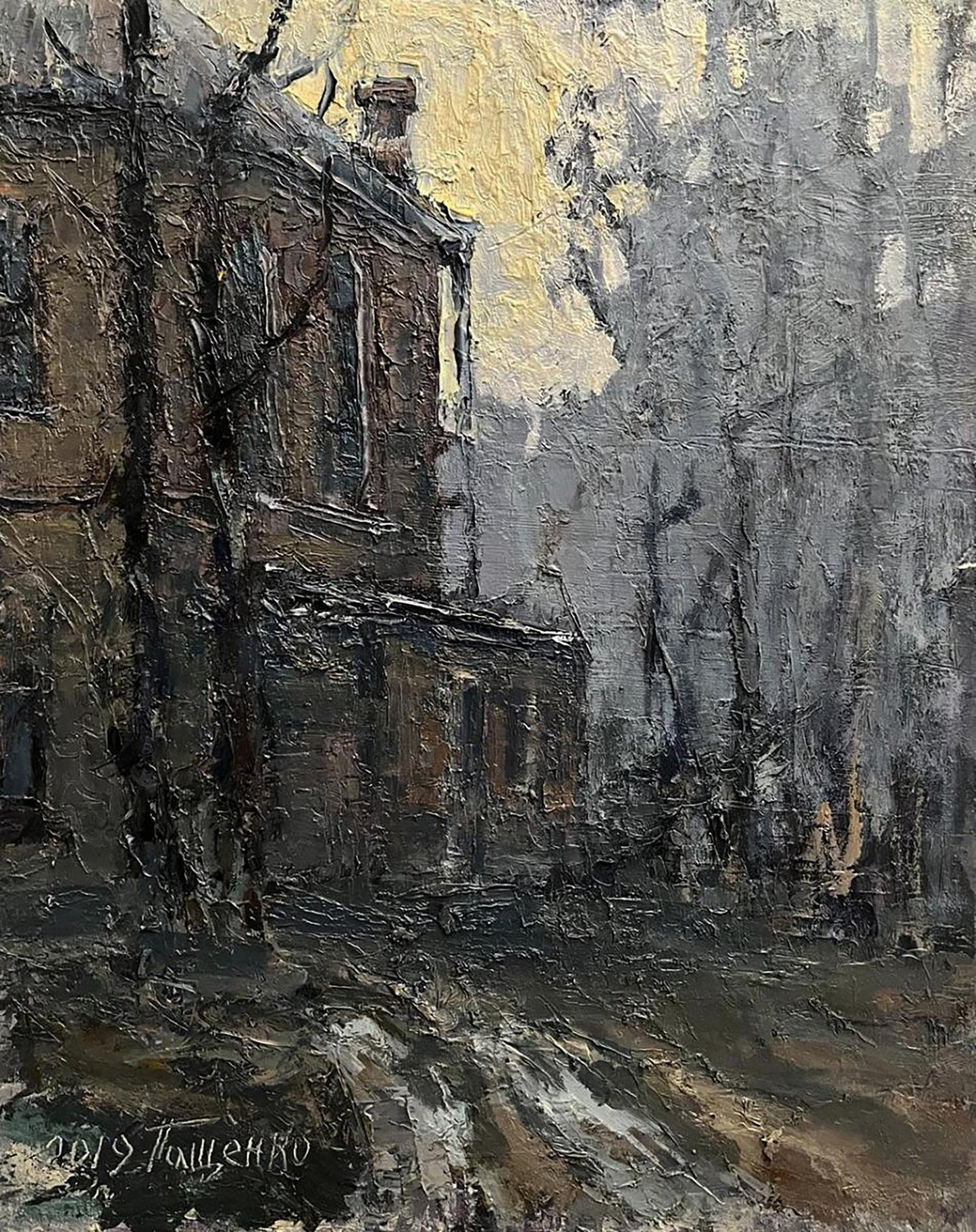 Oil painting of weathered brick village building by Volodymyr Pashchenko