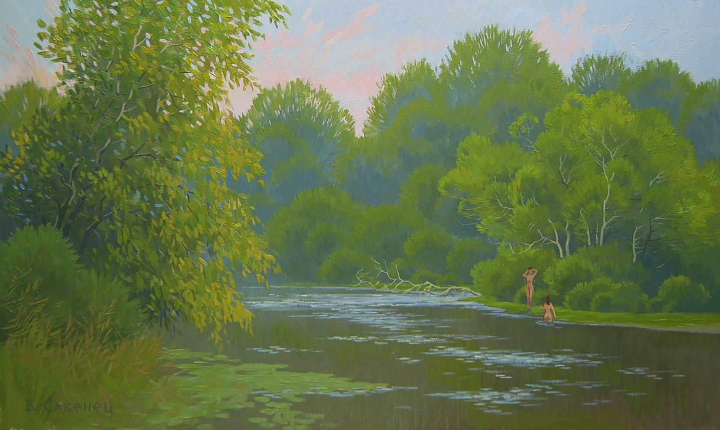 Serene oil painting By the summer river by Valery Savenets