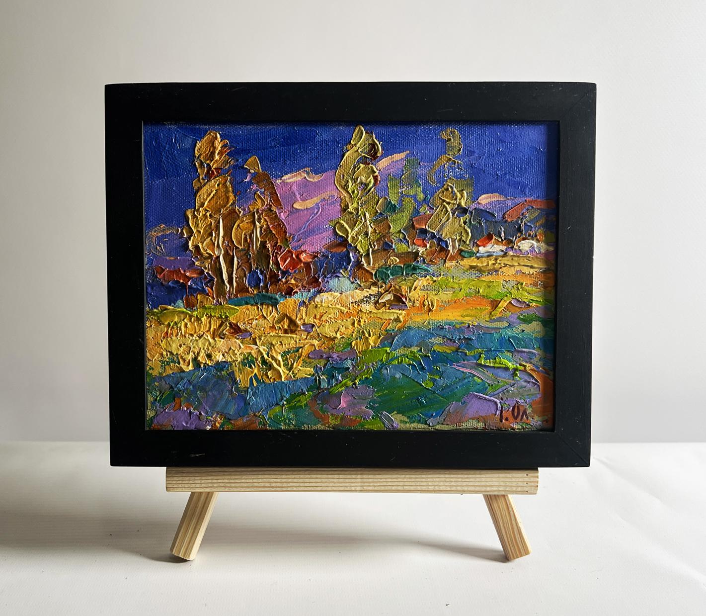 Oil painting Blue sky over the fields by Oksana Ivanyuk in black frame