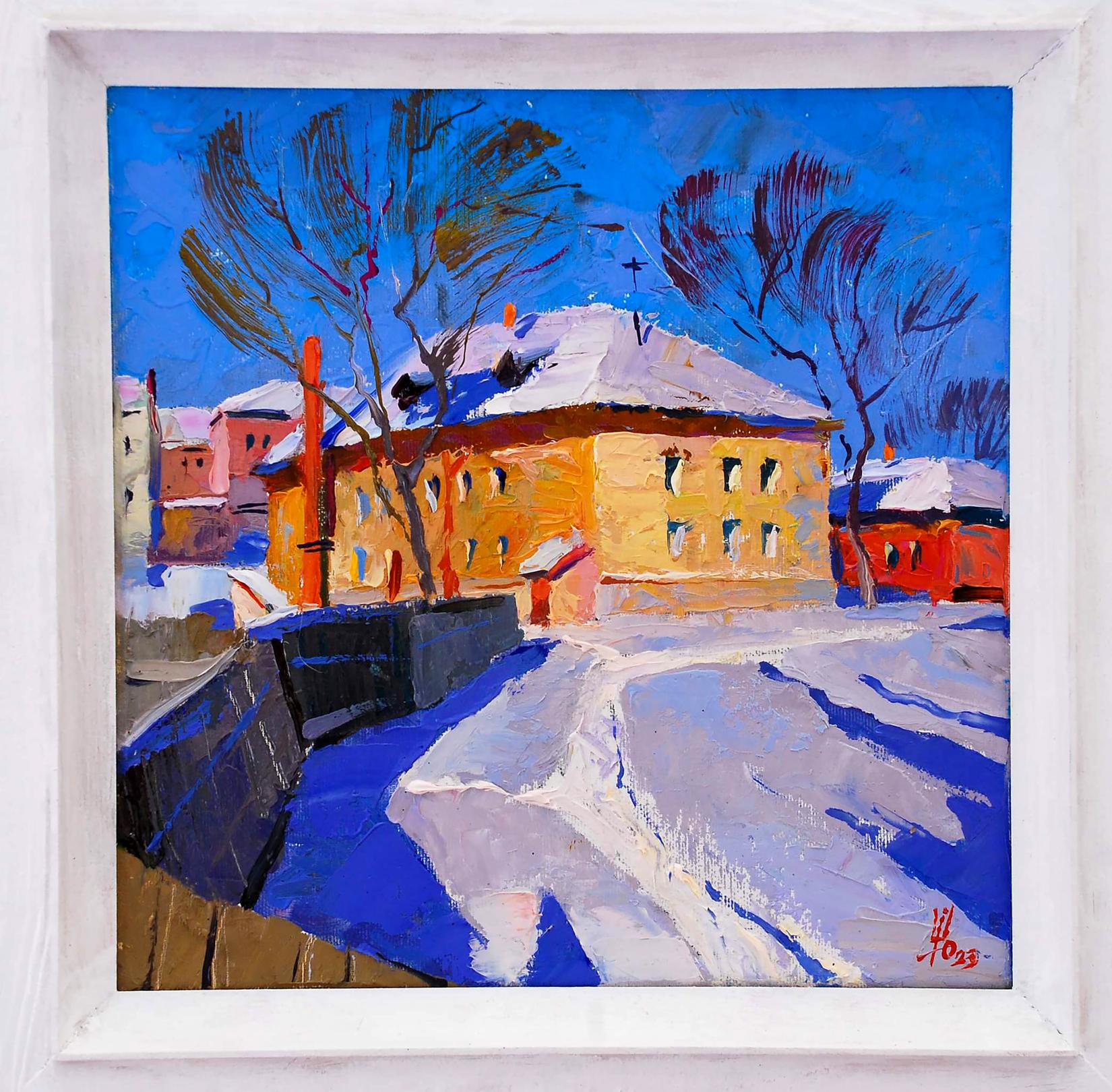 Oil painting It was snowing by Egor Shvachunov snowy street scene