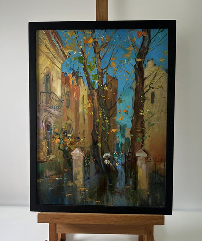 Oil painting Melancholic romance of autumn by Yuriy Suprunchuk, cobblestone alley