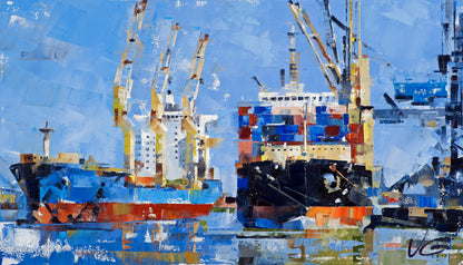 Oil painting of cargo ships at port by Volodymyr Gluhomanyuk