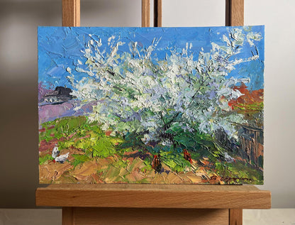 Vibrant impressionist oil painting of Boris Serdyuk flowering tree and chickens