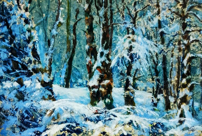 Textured impressionistic oil painting of snowy forest by Vitaly Duhnevich