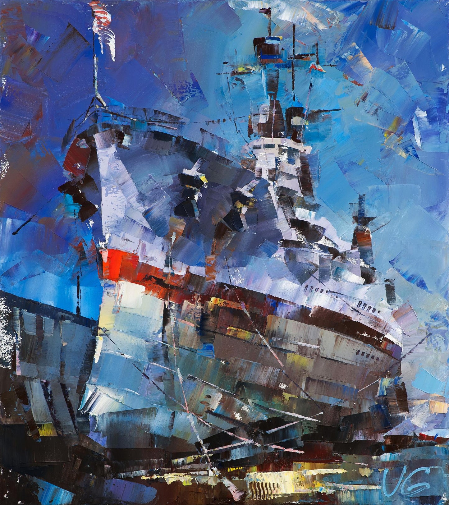 Abstract USS Texas BB-35 oil painting in dry dock at Norfolk