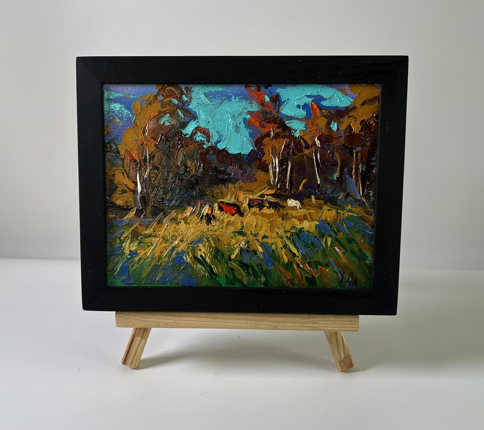 Oil painting Near the autumn forest by Oleksiy Ivanyuk in black frame