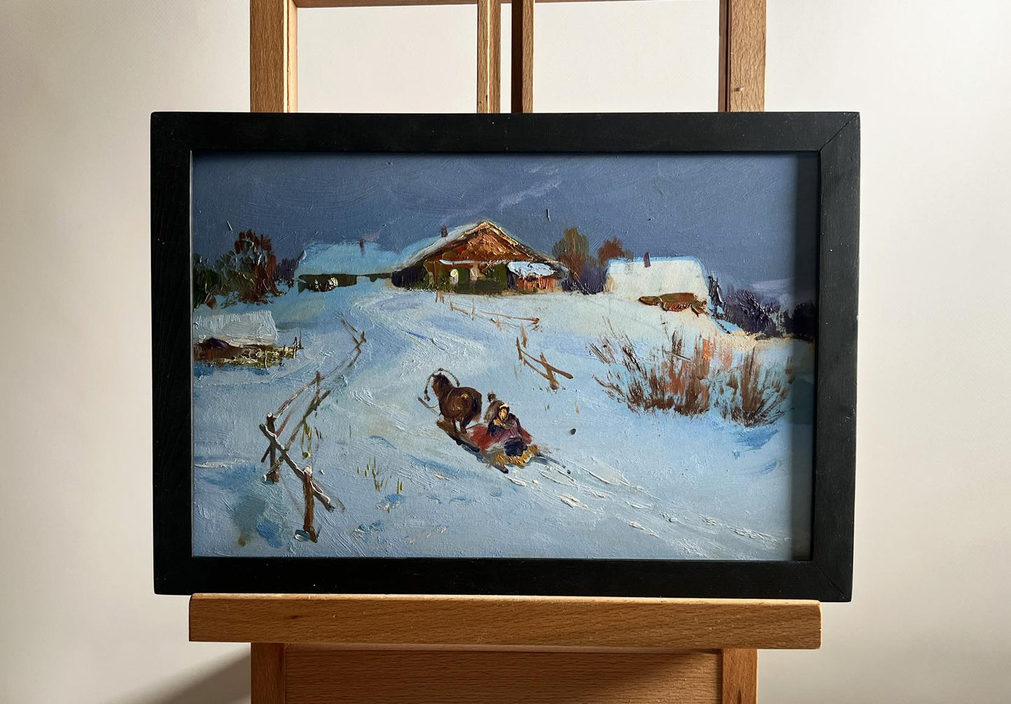 Cozy winter evening snowy village oil painting by Yuriy Suprunchuk