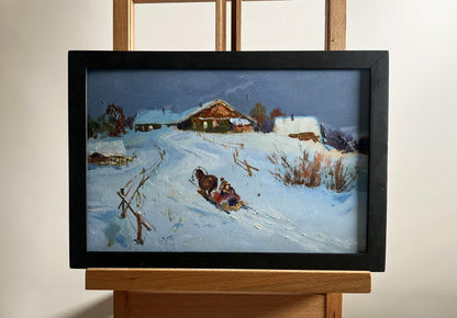 Cozy winter evening snowy village oil painting by Yuriy Suprunchuk