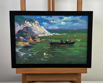 Oil painting of fishing boat at sea by Yuriy Suprunchuk