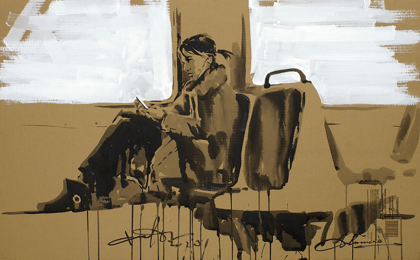 Stylized acrylic painting Electric Train by Dima Filatov, person on transport