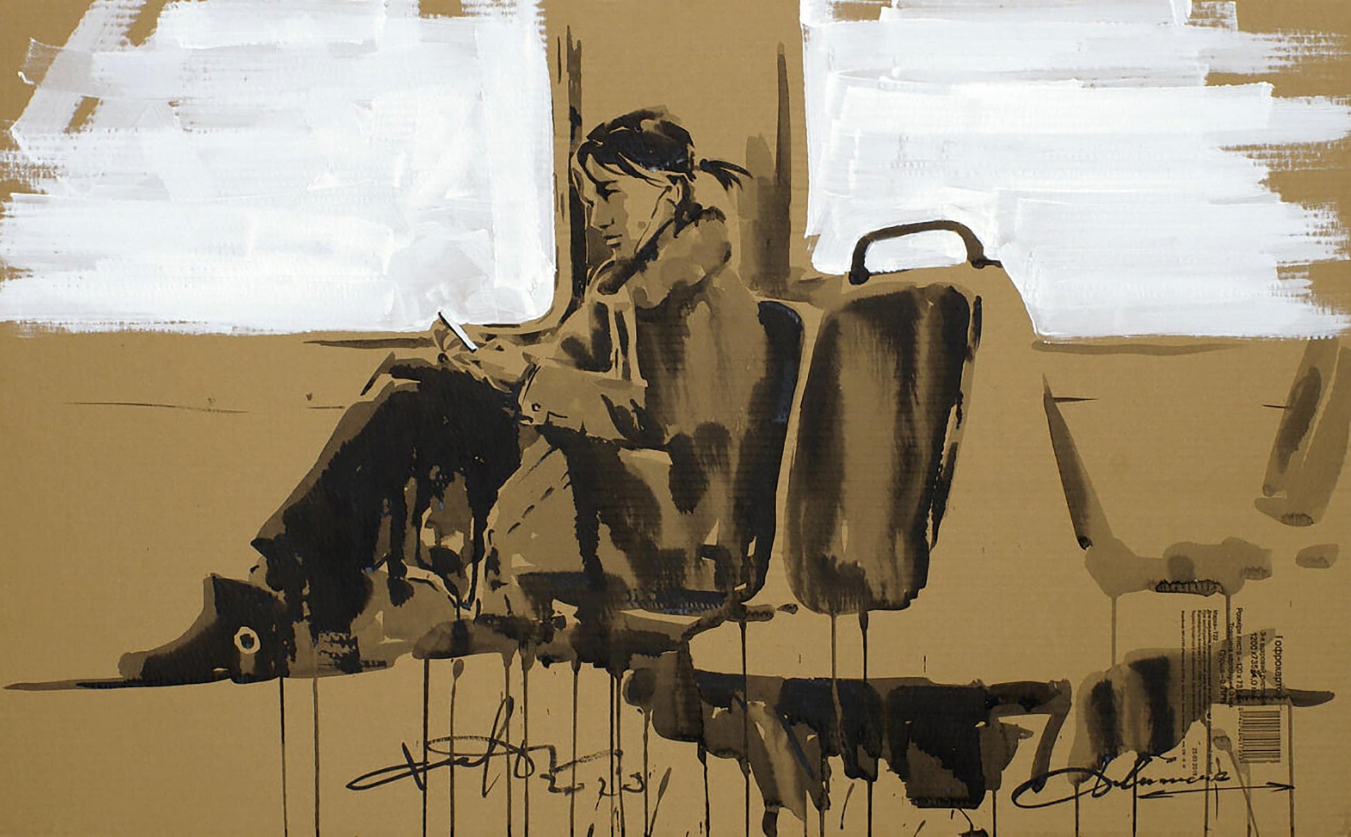 Stylized acrylic painting Electric Train by Dima Filatov, person on transport