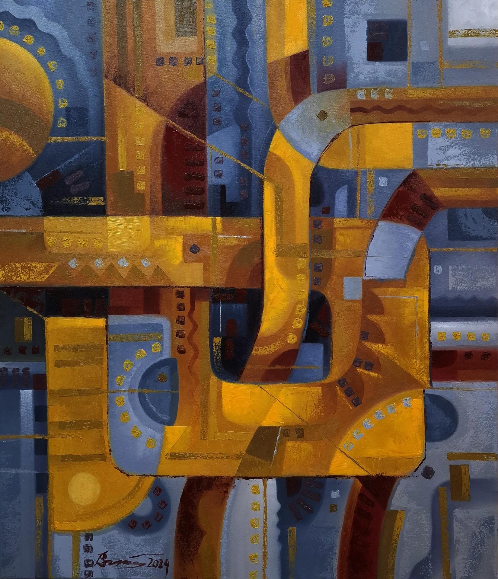 Oil painting Urban Jazz Music by Sergiy Voichenko, bold geometric shapes