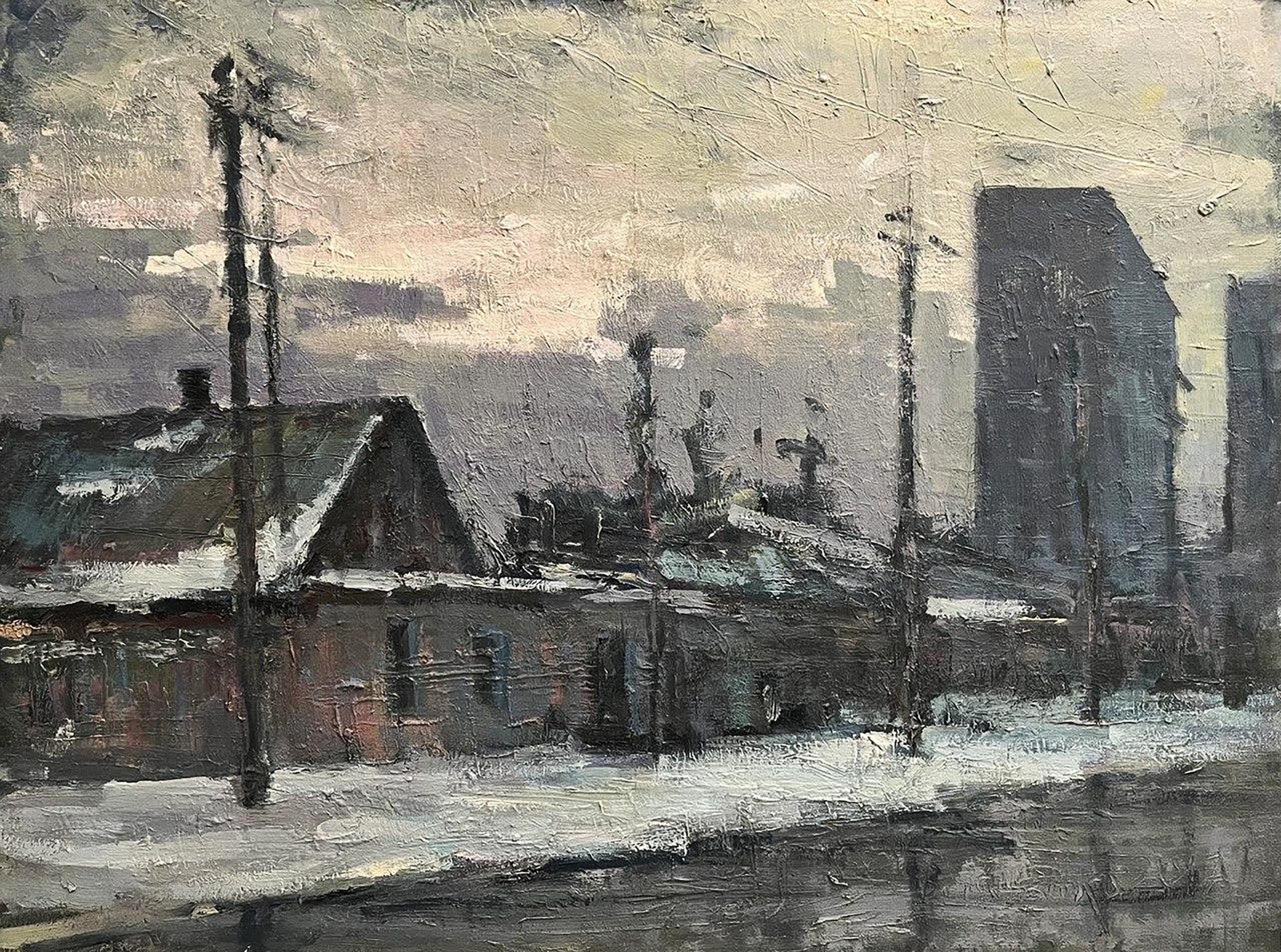 Textured impressionistic oil painting of snowy street by Volodymyr Pashchenko