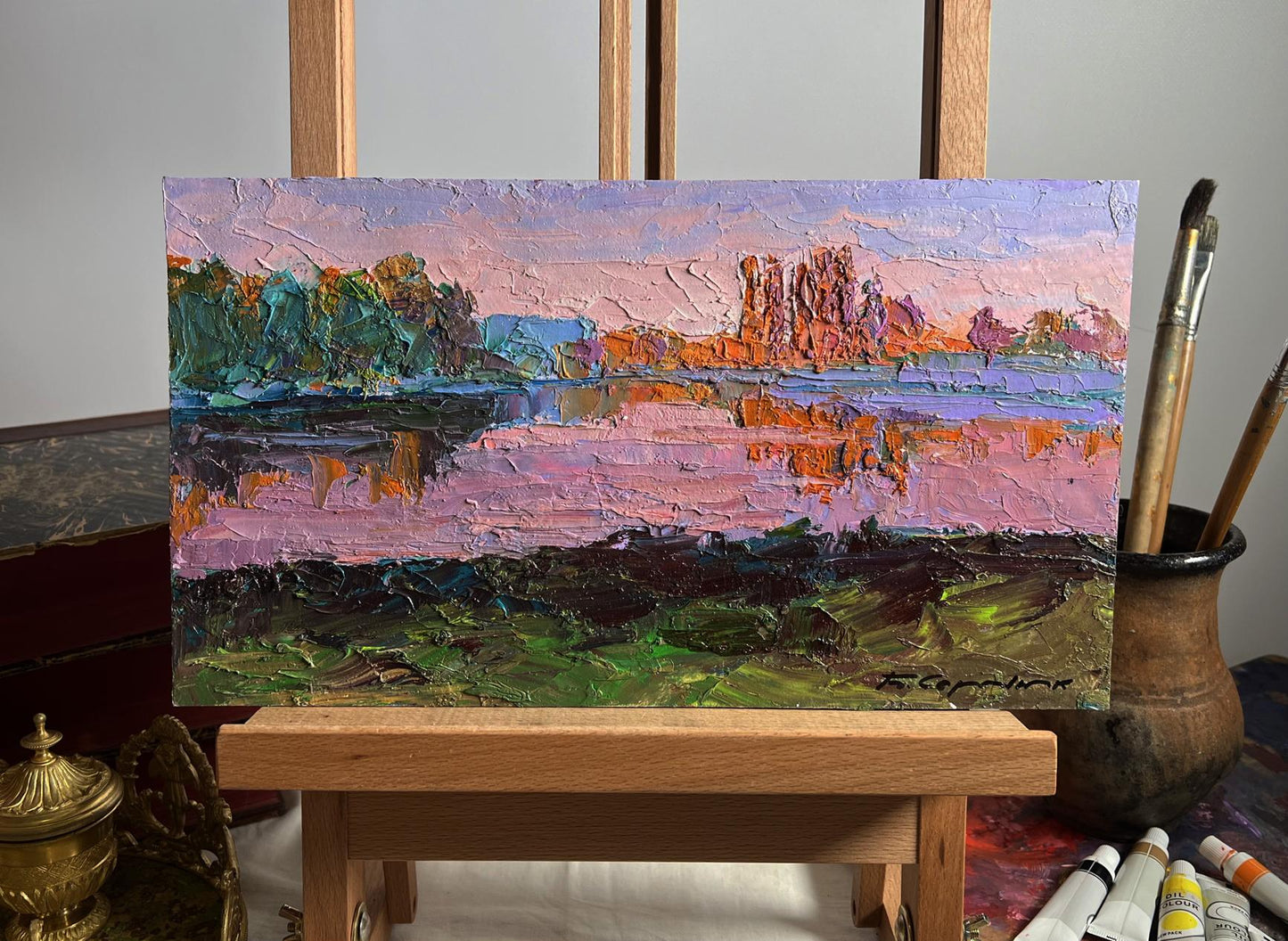 Oil painting Evening on the river by Boris Serdyuk, impasto dusk landscape