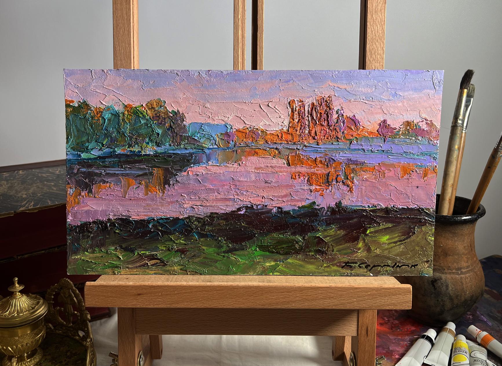 Oil painting Evening on the river by Boris Serdyuk, impasto dusk landscape