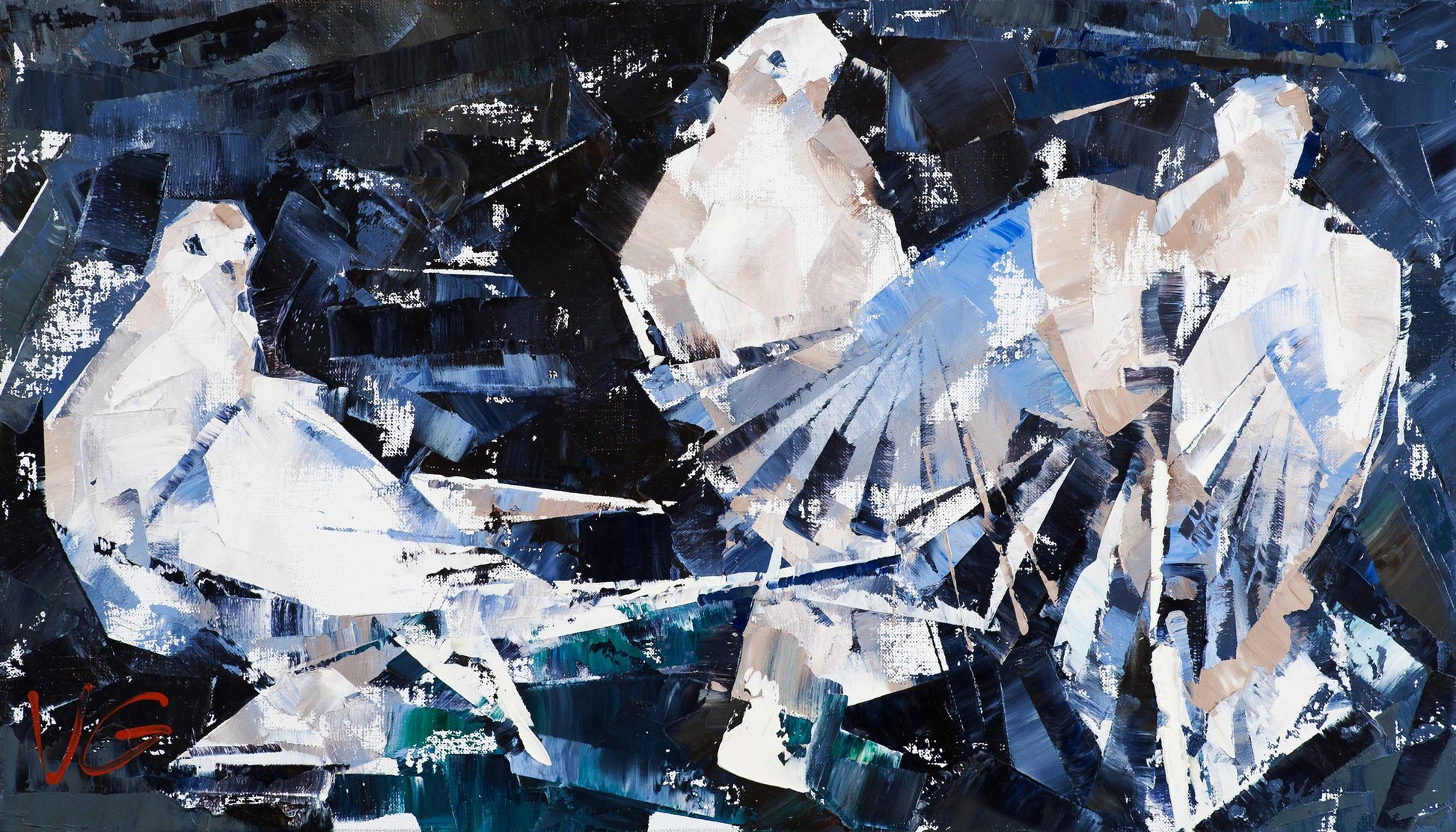 Oil painting Under the Wings by Volodymyr Gluhomanyuk with 3 white birds