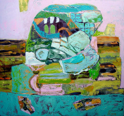 Oil painting Green Memory by Tatyana Shulyak in teal, green, pink hues