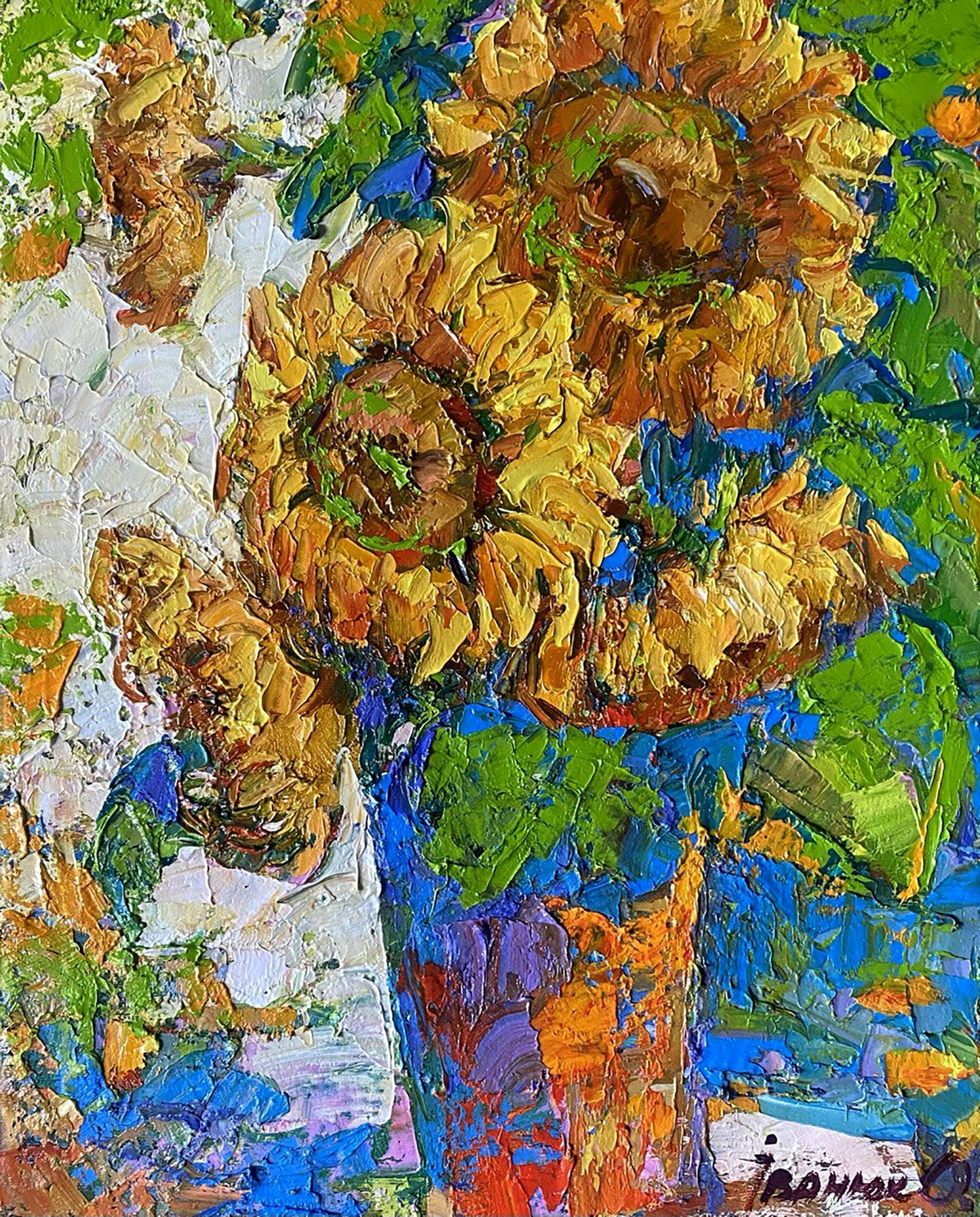 Vibrant impressionist oil painting of sunflowers by Oleksiy Ivanyuk in textured vase