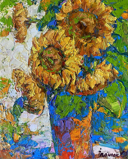 Vibrant impressionist oil painting of sunflowers by Oleksiy Ivanyuk in textured vase