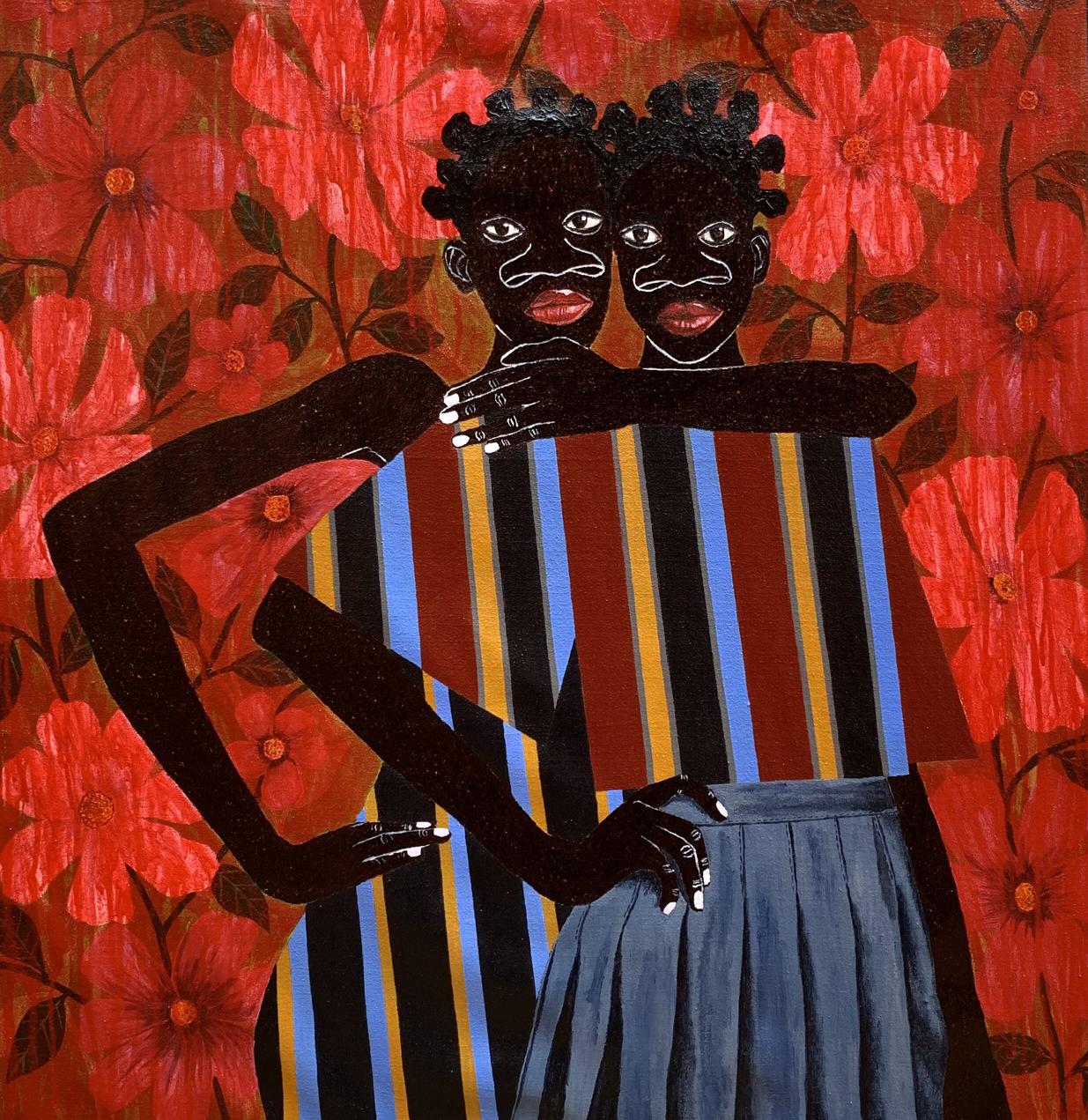 Vibrant acrylic painting The Hug That Holds the World by Akintomide Akinshola