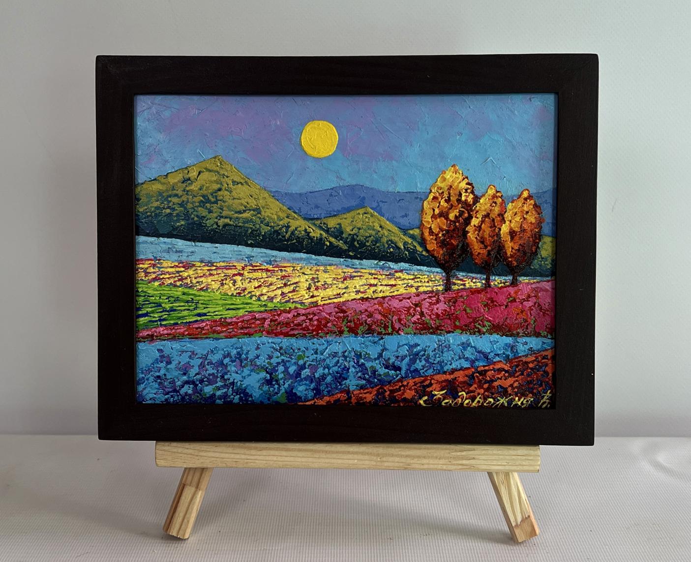 Oil painting Three autumn guards among fields by V. Zadorozhnya in black frame