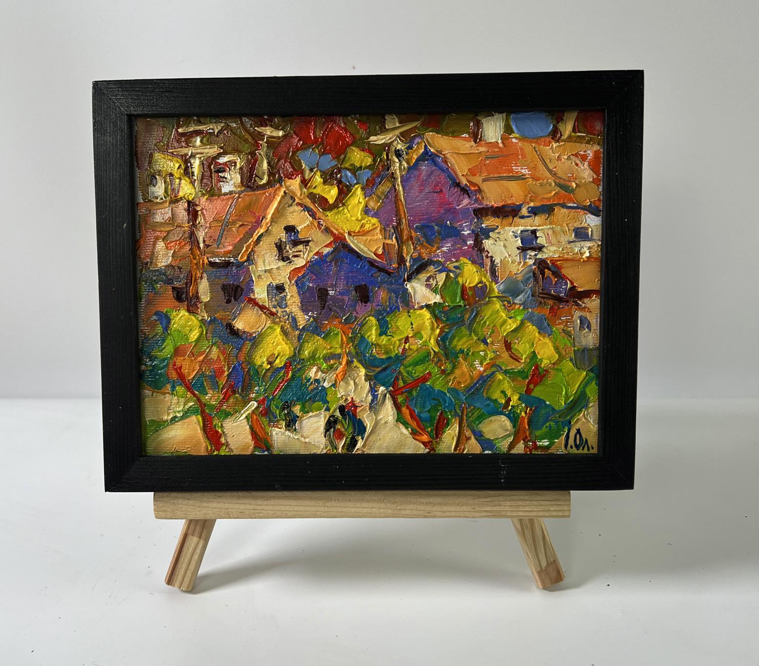 Vibrant oil painting of summer village heat by Oleksiy Ivanyuk in black frame