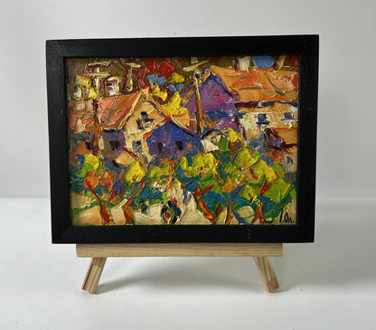 Vibrant oil painting of summer village heat by Oleksiy Ivanyuk in black frame