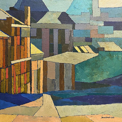 Abstract geometric cityscape oil painting by Serhiy Kovalev in earthy tones