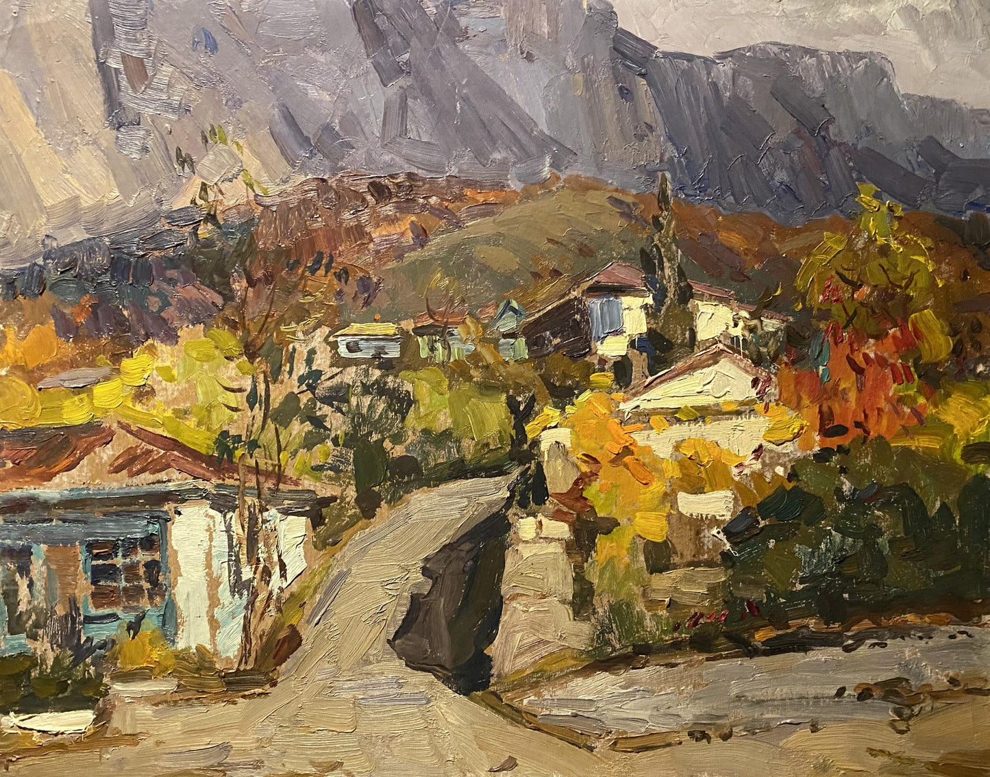 Oil painting of autumn street in Bakhchisarai by Mikhail Kobylenkov