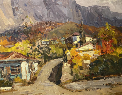 Oil painting of autumn street in Bakhchisarai by Mikhail Kobylenkov