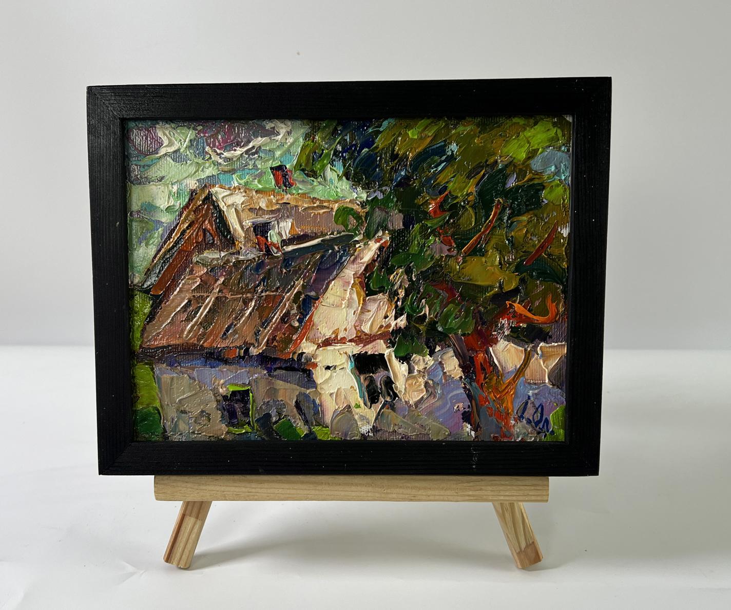Oil painting Summer village day by Oleksiy Ivanyuk, rustic house in vibrant greens