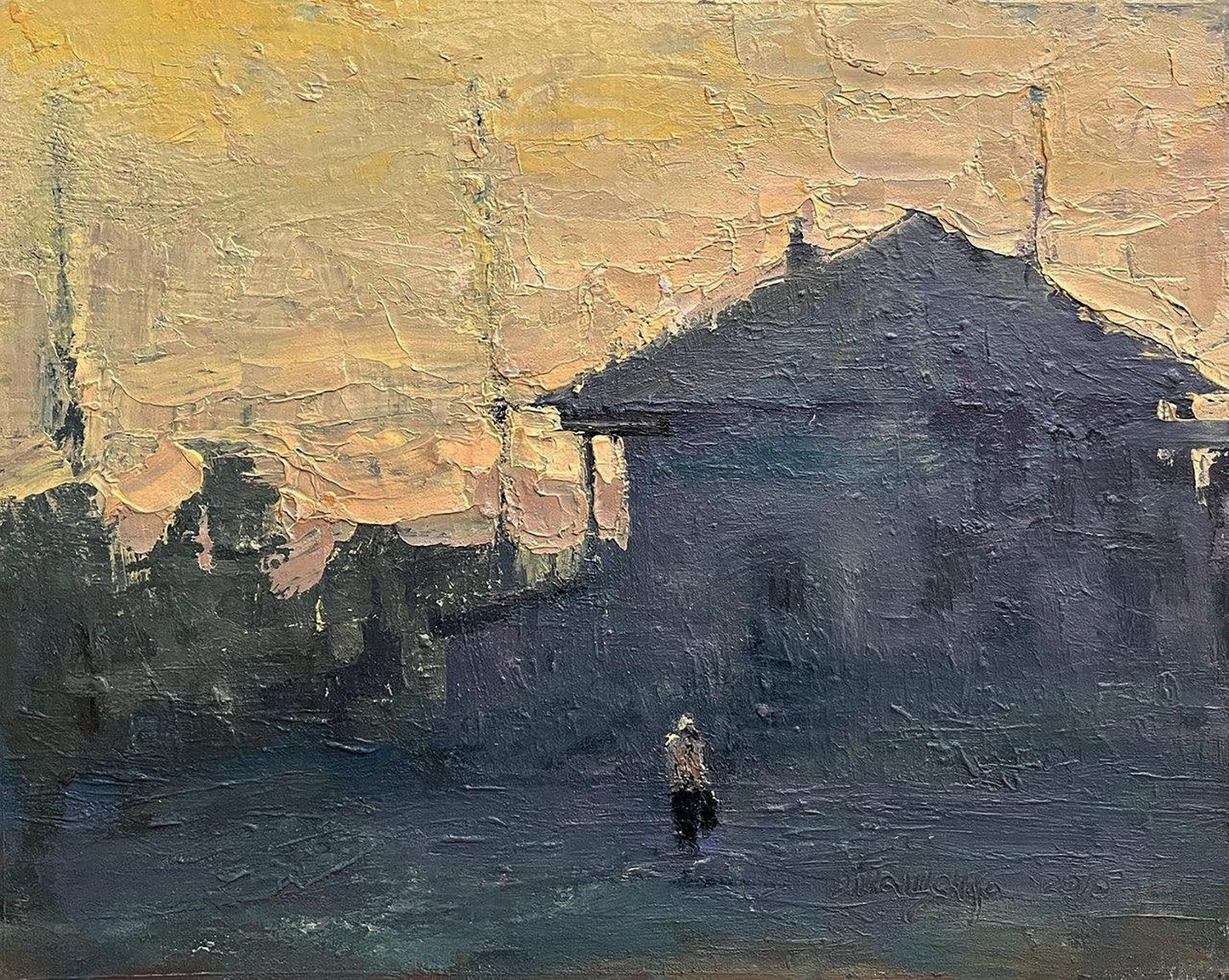 Textured oil painting of silhouetted village church by Volodymyr Pashchenko